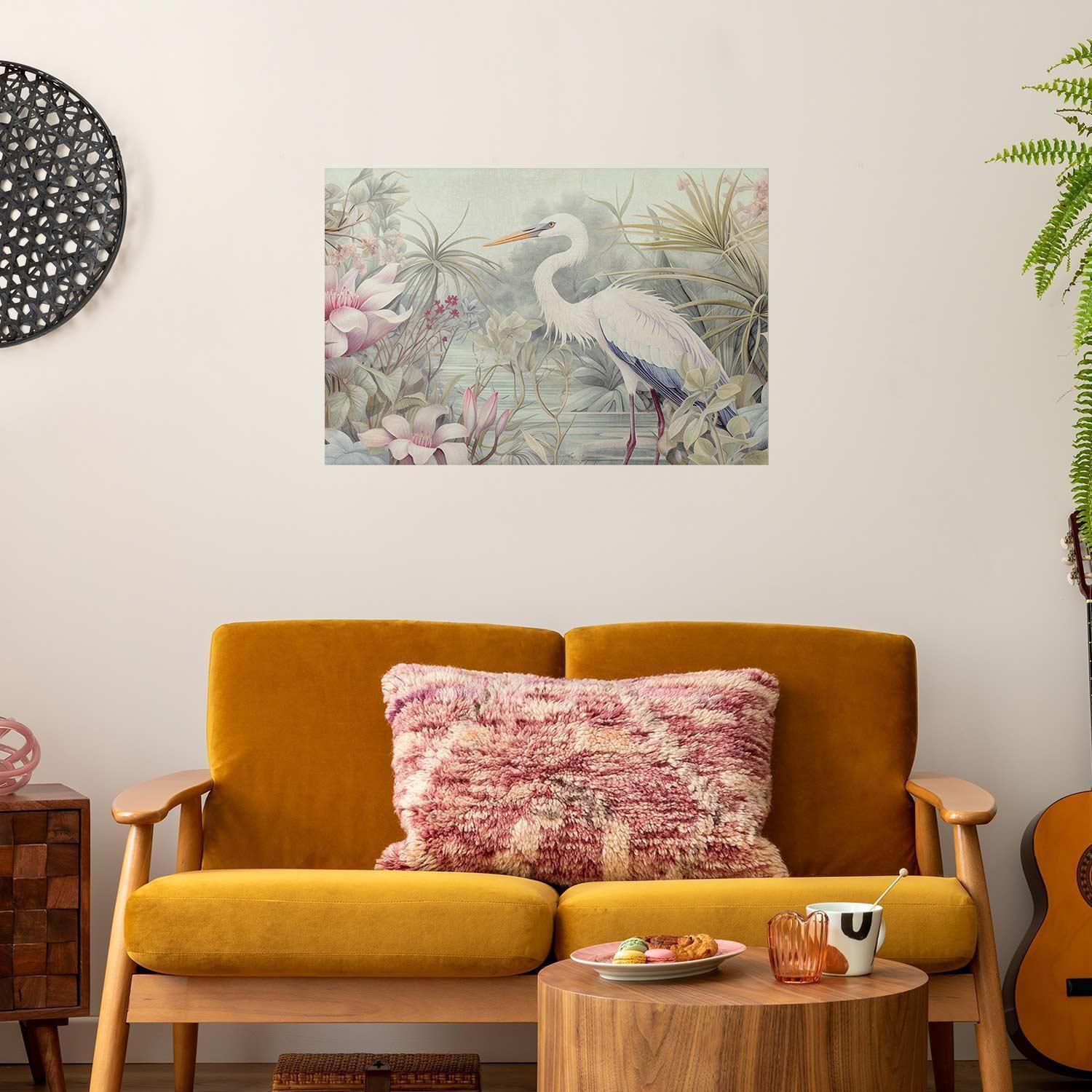 Poster - Heron Wading in a Pond - illustration in light colors Artgeist