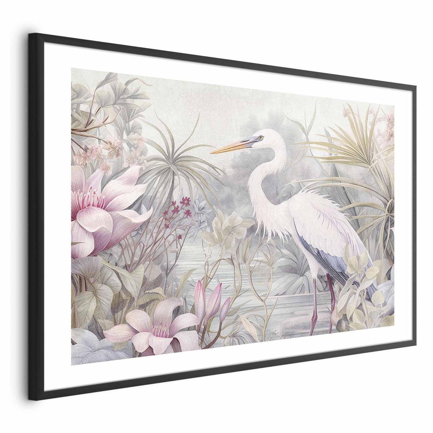 Poster - Heron Wading in a Pond - illustration in light colors Artgeist