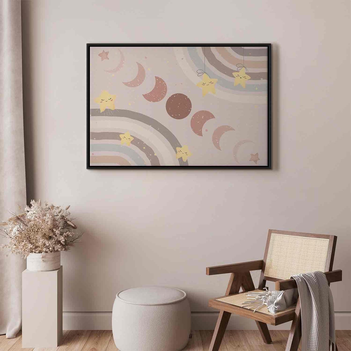 Leinwandbild - Joyful Sky - Yellow Cheerful Stars with a Rainbow Against the Phases of the Moon in a Light Beige Sky Hue
