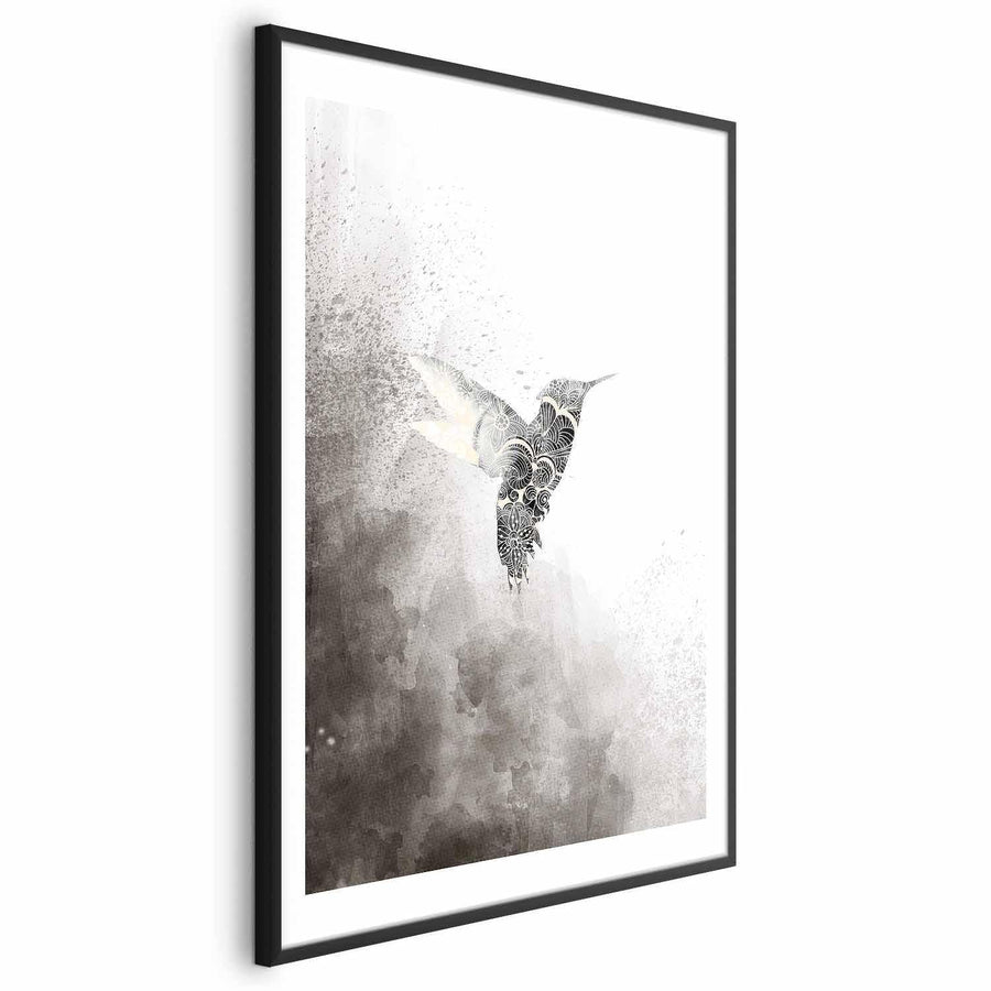 Ethnic Hummingbird poster in black frame with abstract background.