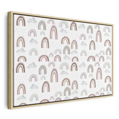 Leinwandbild - Rainbows After the Storm - Rainbows of Various Sizes in Pastel Hues Among Rain Clouds in a Gray-Blue Shade