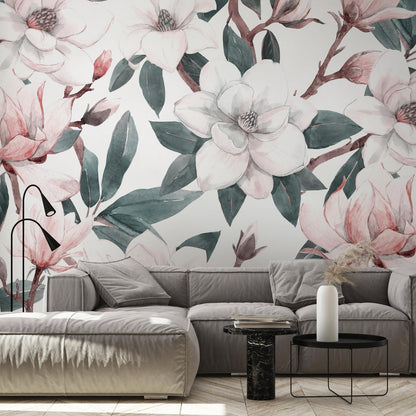 Fototapete "Aquarell Magnolien – Zweite Variante" – Elegante Blüten in sanften Farben