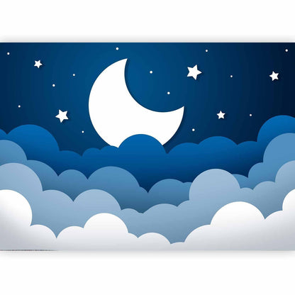 Fototapete - Moon dream - clouds on a dark blue sky with stars for children Artgeist