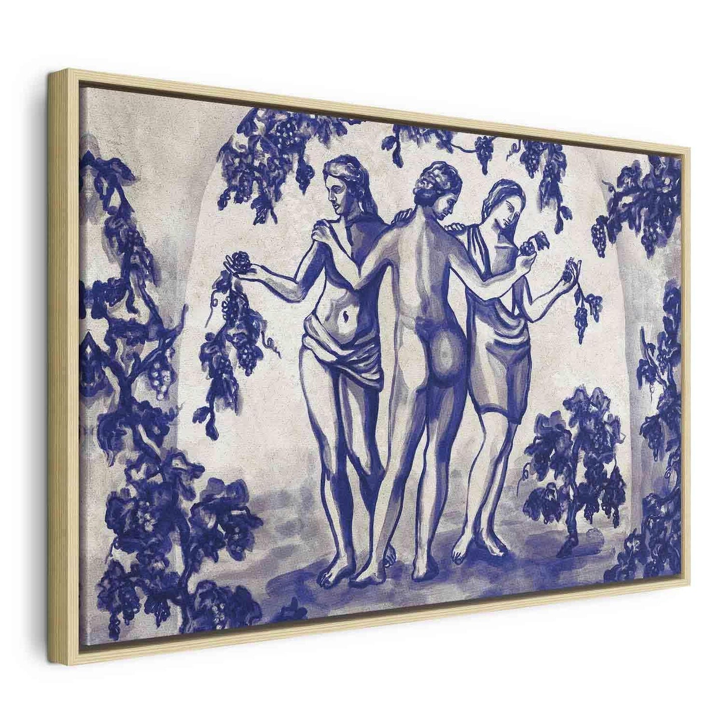 Leinwandbild - Ancient vineyard - three women in a portal painted with blue ink
