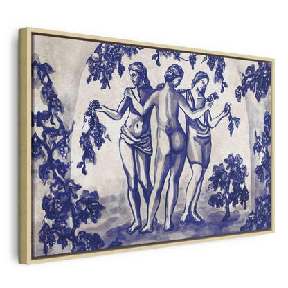 Leinwandbild - Ancient vineyard - three women in a portal painted with blue ink