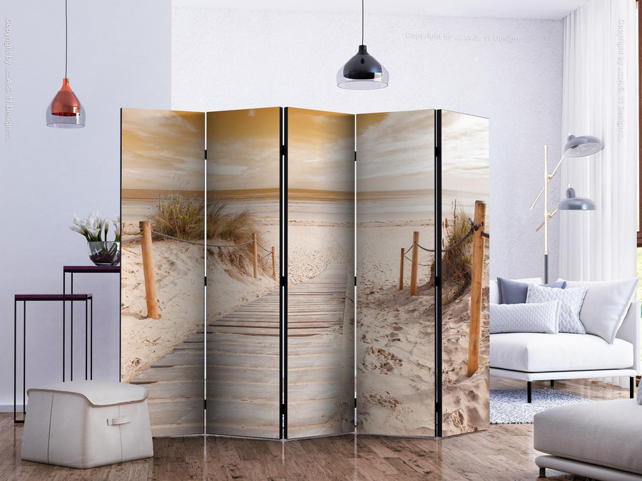 Room divider screen with beach sepia design in modern living room.