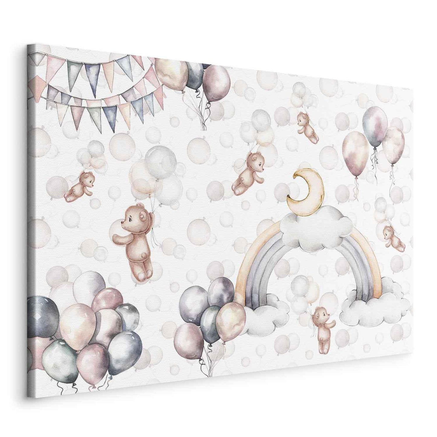 Leinwandbild - Toy Bears with Balloons - Flying Plush Bears Among Balloons Clouds and Rainbows in Subtle Pastel Hues Artgeist