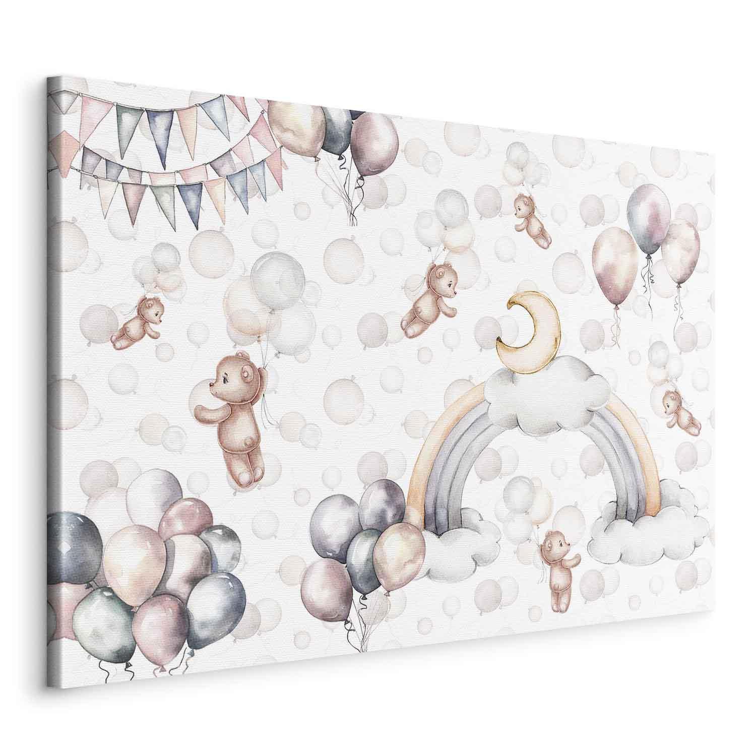 Leinwandbild - Toy Bears with Balloons - Flying Plush Bears Among Balloons Clouds and Rainbows in Subtle Pastel Hues Artgeist