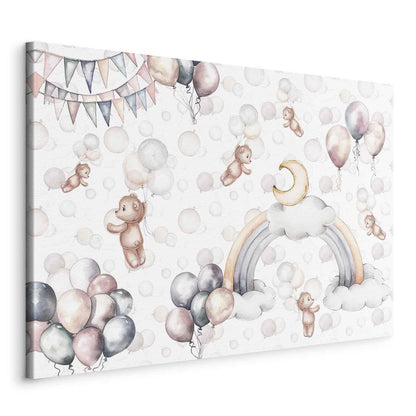Leinwandbild - Toy Bears with Balloons - Flying Plush Bears Among Balloons Clouds and Rainbows in Subtle Pastel Hues Artgeist