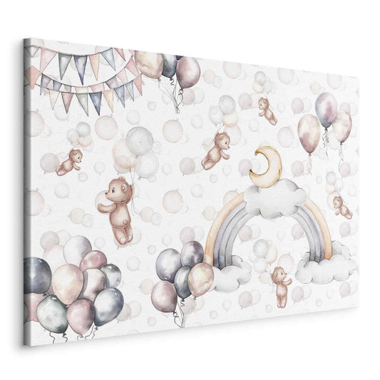 Leinwandbild - Toy Bears with Balloons - Flying Plush Bears Among Balloons Clouds and Rainbows in Subtle Pastel Hues Artgeist