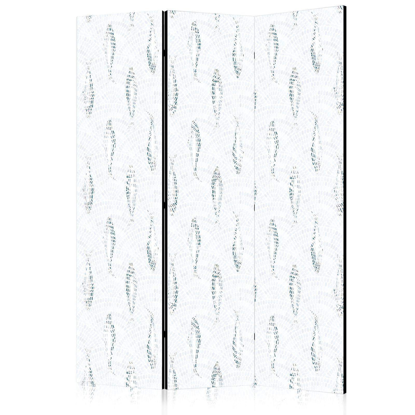 Paravent - Delicate Blue Fish - Mosaic Fish in Subtle Blue Color Shades with an Arched Pattern in the Background Artgeist