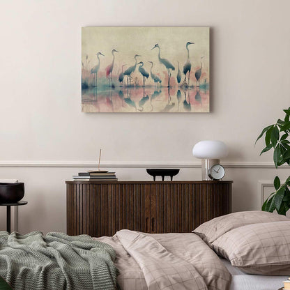 Leinwandbild - Birds by the lake - herons painted in watercolour in delicate grey and pink colours