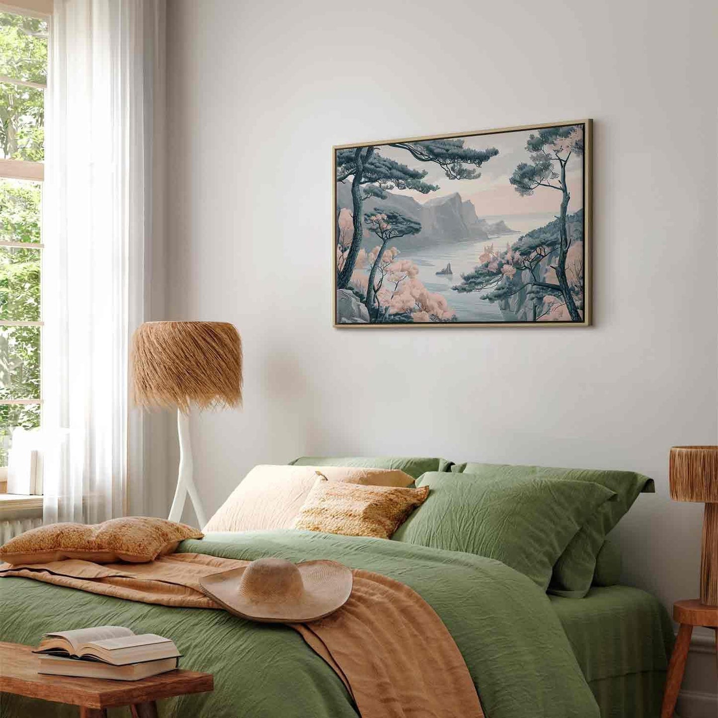 Leinwandbild - Mountainous Coast with Trees and Rocks in Light Pastel Blues