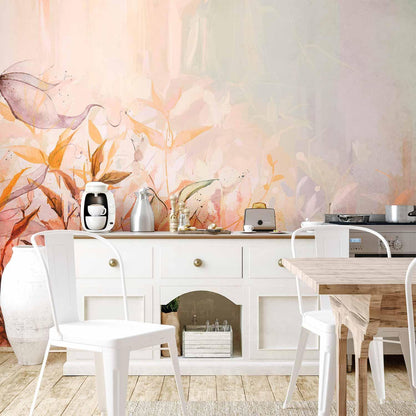 Fototapete - Flaming meadow - nature landscape with meadow of flowers and leaves in watercolour style