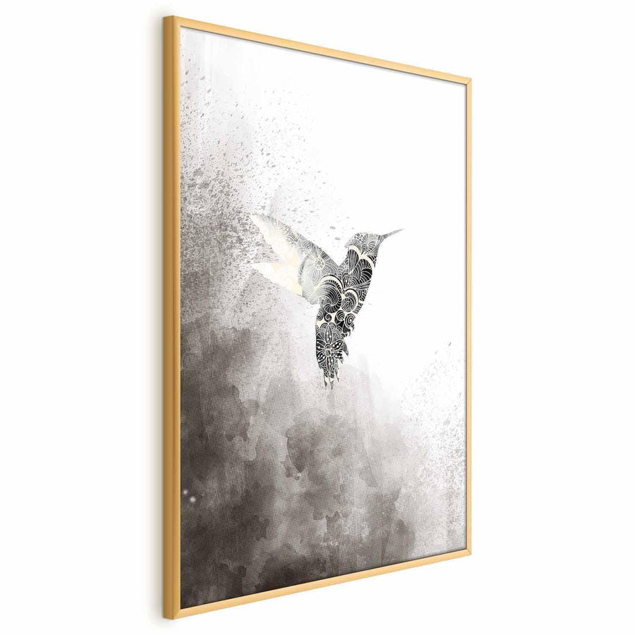 Poster featuring ethnic hummingbird design in a gold frame.