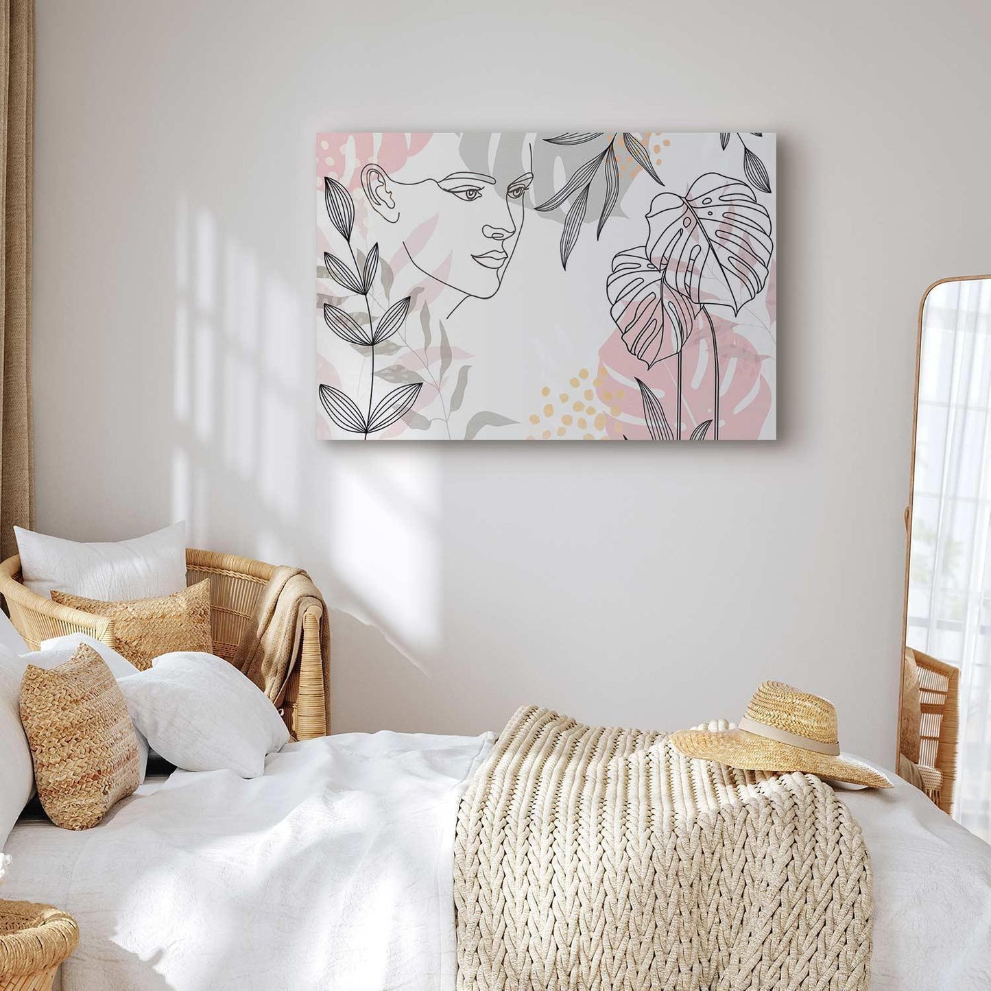 Leinwandbild Frau mit Monstera Blättern – Moderne Line Art