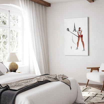 Leinwandbild - Female Golfer With the Eiffel Tower in the Background - Illustration