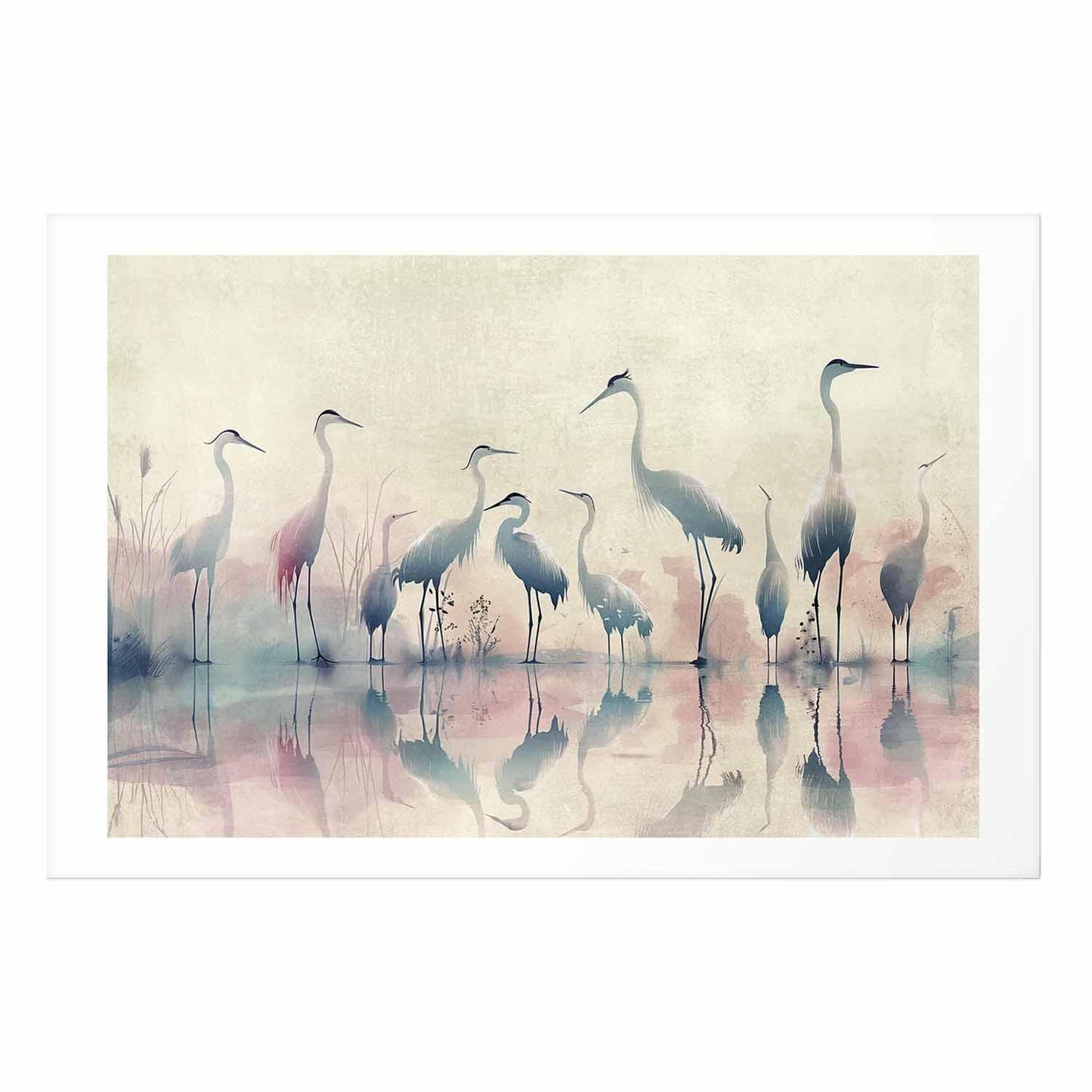 Poster - Birds by the Lake - herons painted in watercolor in a delicate, gray-pink palette