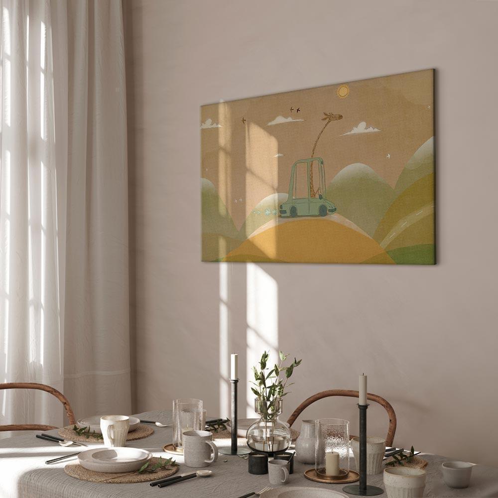 Leinwandbild - Dreamy Traveler - A Cheerful Giraffe Driving a Car on a Sunny Day