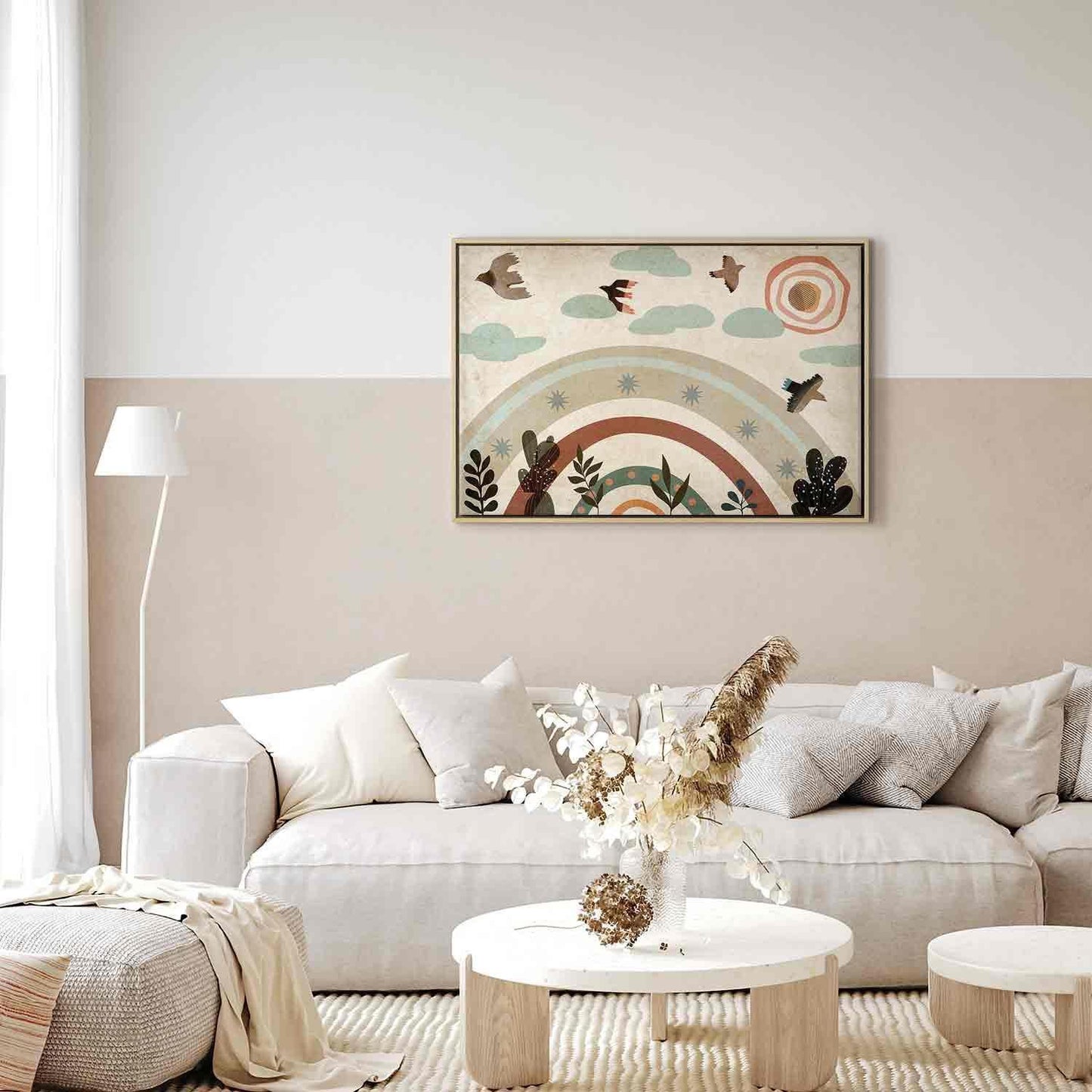 Leinwandbild - Rainbow and Sun Above - Birds in Subdued Colors Flying Among Clouds Above a Rainbow and Various Plants on a Light Background