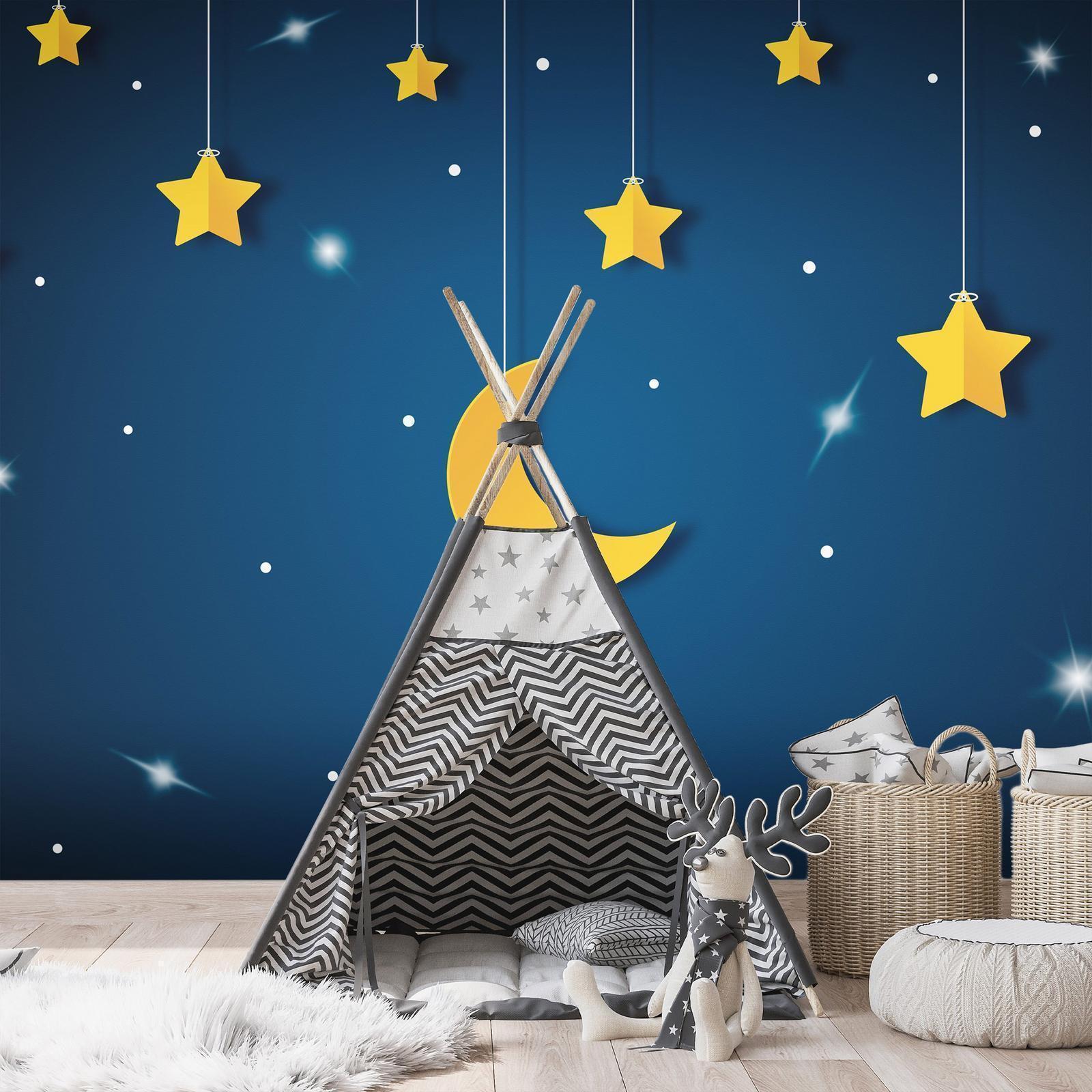 Fototapete - Skyline - night sky landscape with stars and moon for children Artgeist