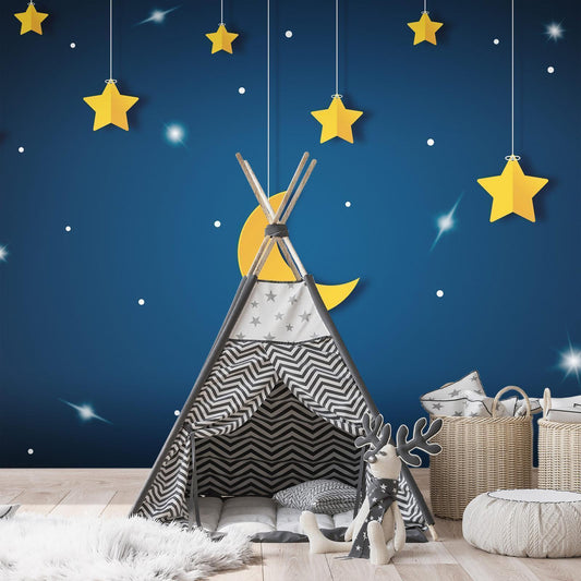 Fototapete - Skyline - night sky landscape with stars and moon for children Artgeist