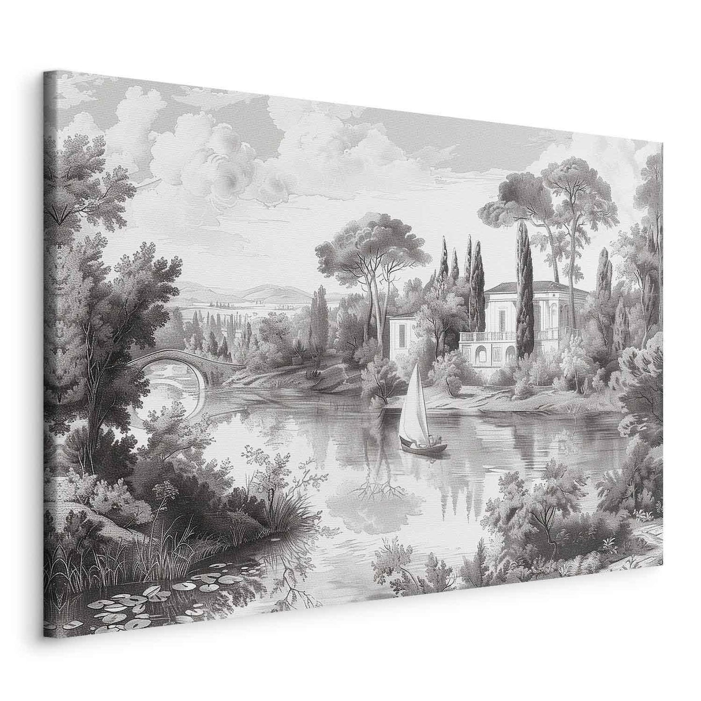 Leinwandbild - Black and White Vintage Landscape Retro View of a Pond with a Boat Artgeist