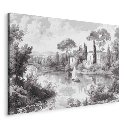 Leinwandbild - Black and White Vintage Landscape Retro View of a Pond with a Boat Artgeist