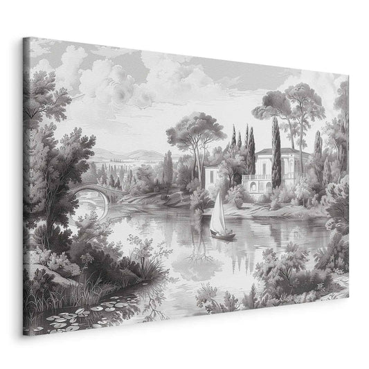 Leinwandbild - Black and White Vintage Landscape Retro View of a Pond with a Boat Artgeist