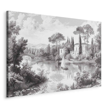 Leinwandbild - Black and White Vintage Landscape Retro View of a Pond with a Boat Artgeist