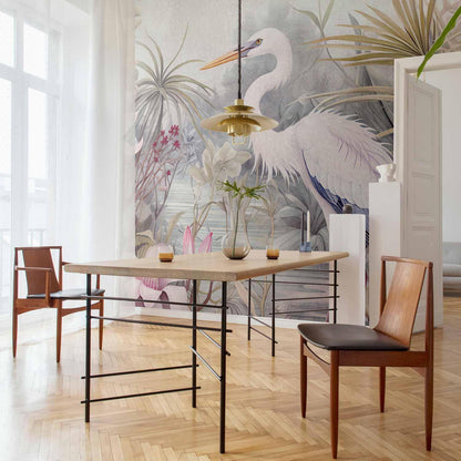 Fototapete Reiher am Teich – Farbenfrohe Illustration mit Wasserpflanzen