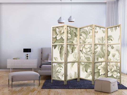 Japanischer Paravent - Retro Vintage Flowers in Delicate Cream and Green Colors Artgeist