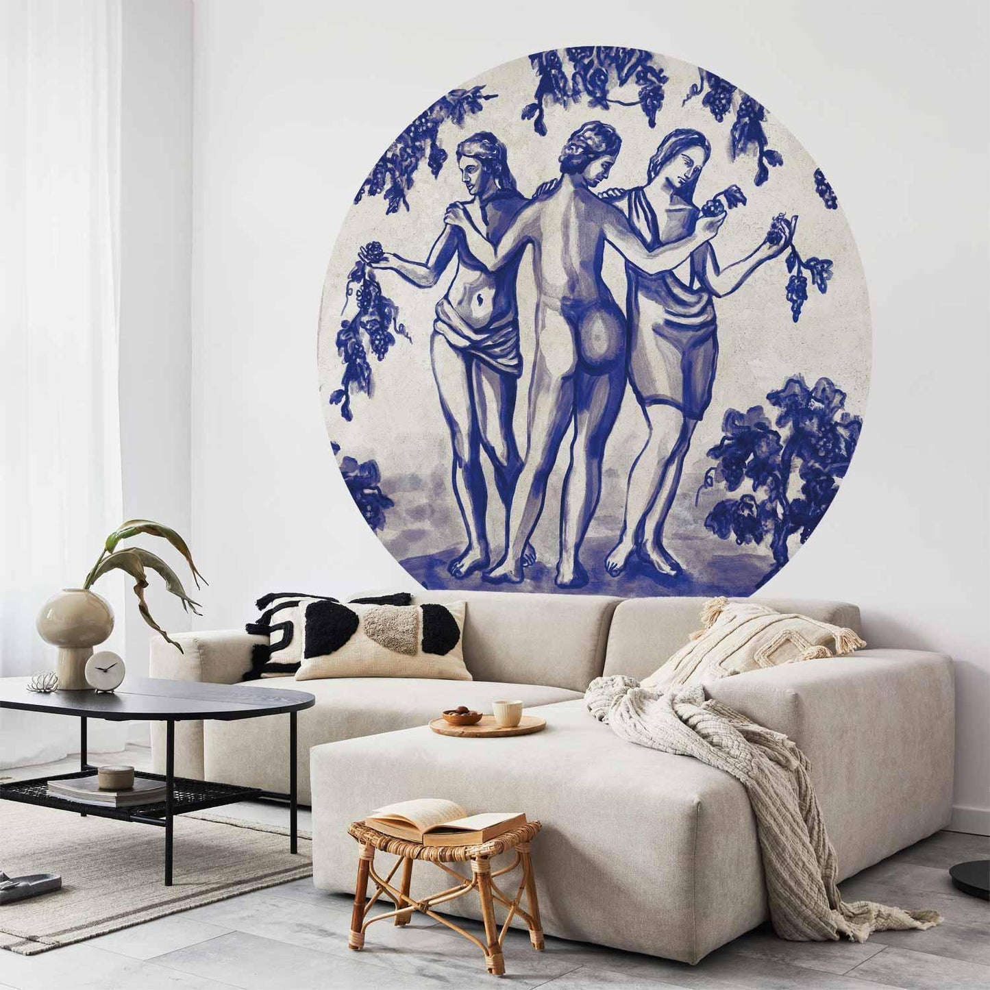 Runde Fototapete - Ancient vineyard - three women in a portal painted with blue ink