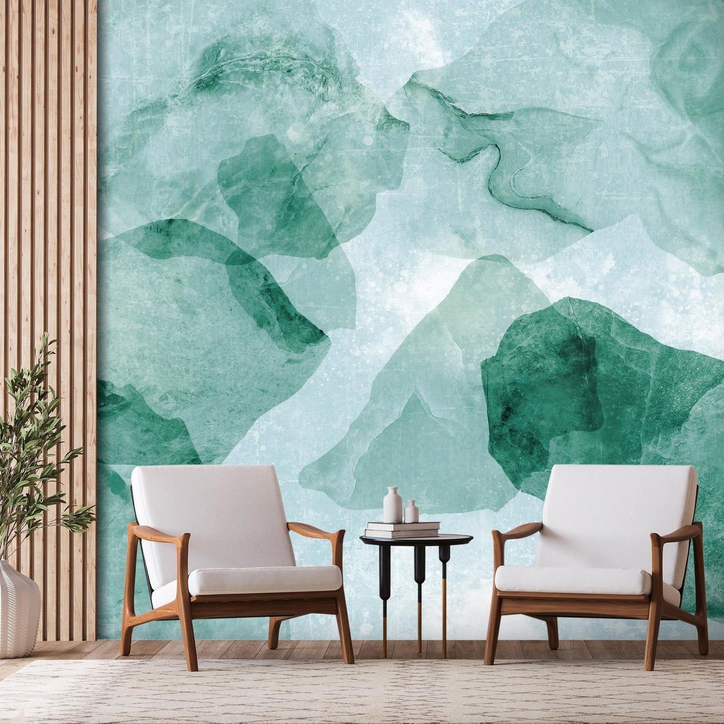 Fototapete - Spring Terrazzo - Third Variant, green abstract wall design in modern living room setting.