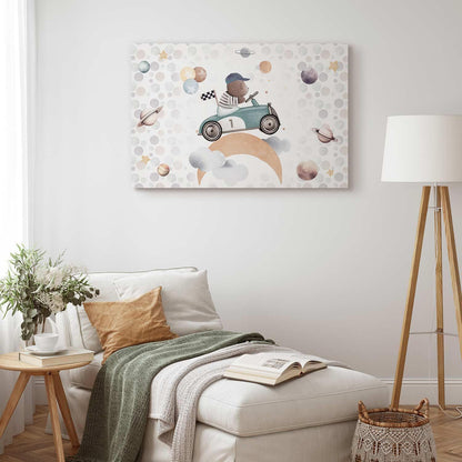 Leinwandbild - Galactic Races - A Bear Participating in Car Races Among Planets Clouds and Stars in Pastel Hues