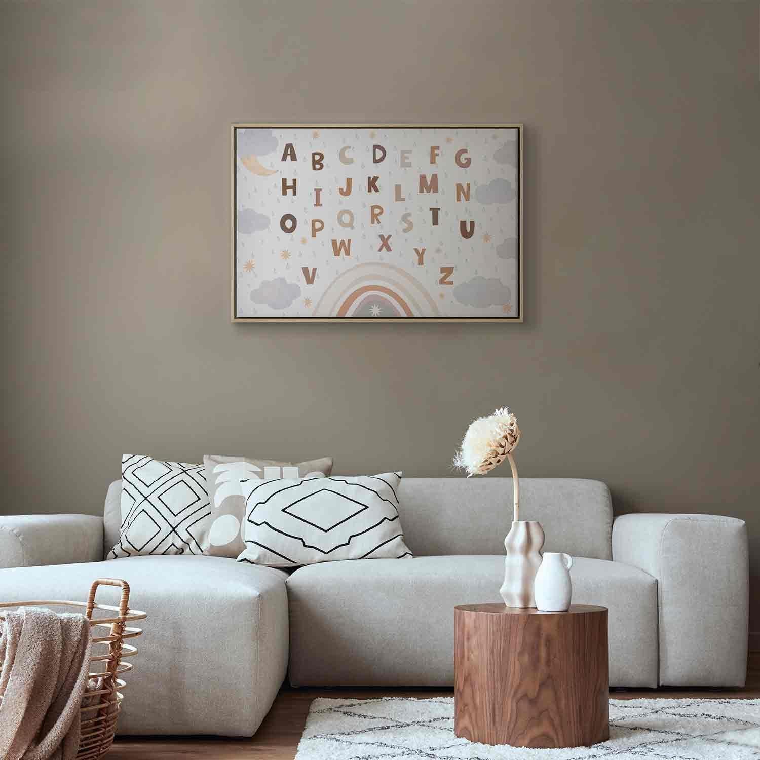 Leinwandbild - Letters Above the Rainbow - Letters Among Streams of Rain and Clouds with a Rainbow Moon and Stars on a Light Background Artgeist