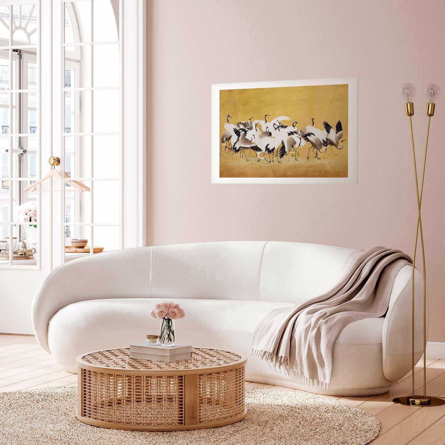 Japanese cranes poster on golden background, elegant wall art in living room.