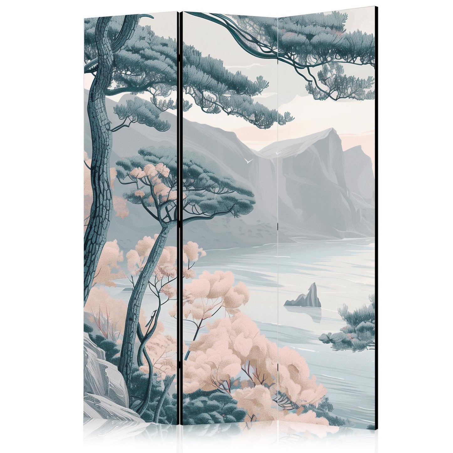 Paravent - Mountainous Coast with Trees and Rocks - in Light Pastel Blues Artgeist