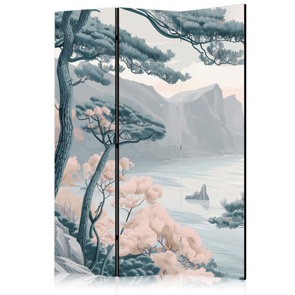 Paravent - Mountainous Coast with Trees and Rocks - in Light Pastel Blues Artgeist