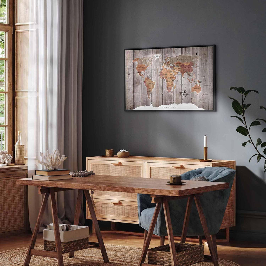 Leinwandbild - World Map: Wooden Stories Artgeist