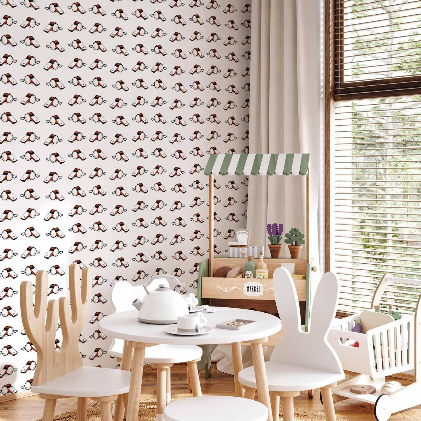 Tapete - Soccer Whistles - Black and white with red accents on a white background