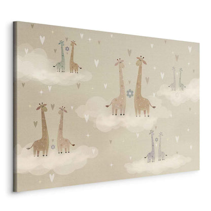 Leinwandbild - Love - Colorful Giraffes Floating on Clouds Among Hearts and Stars Artgeist