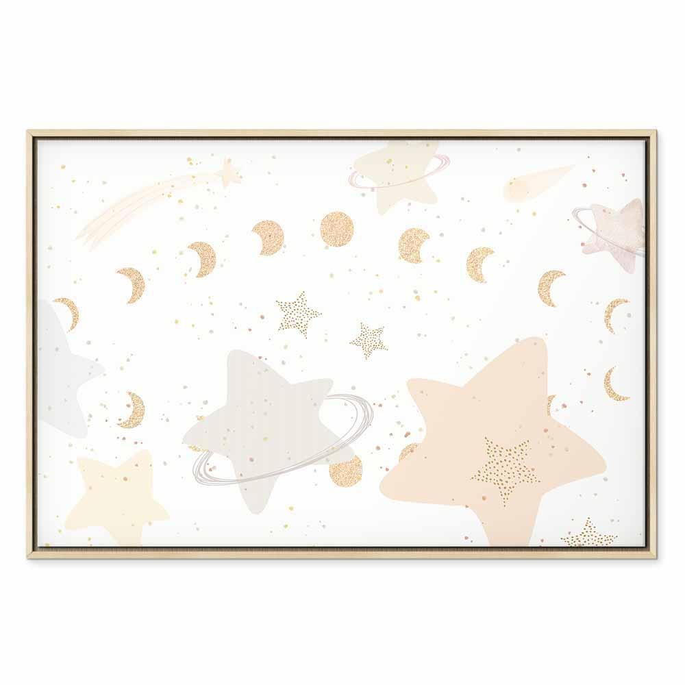 Leinwandbild - Fairy-Tale Galaxy - Phases of the Moon in Yellow Tones Among Stars in Beige and Ash Colors with Stardust