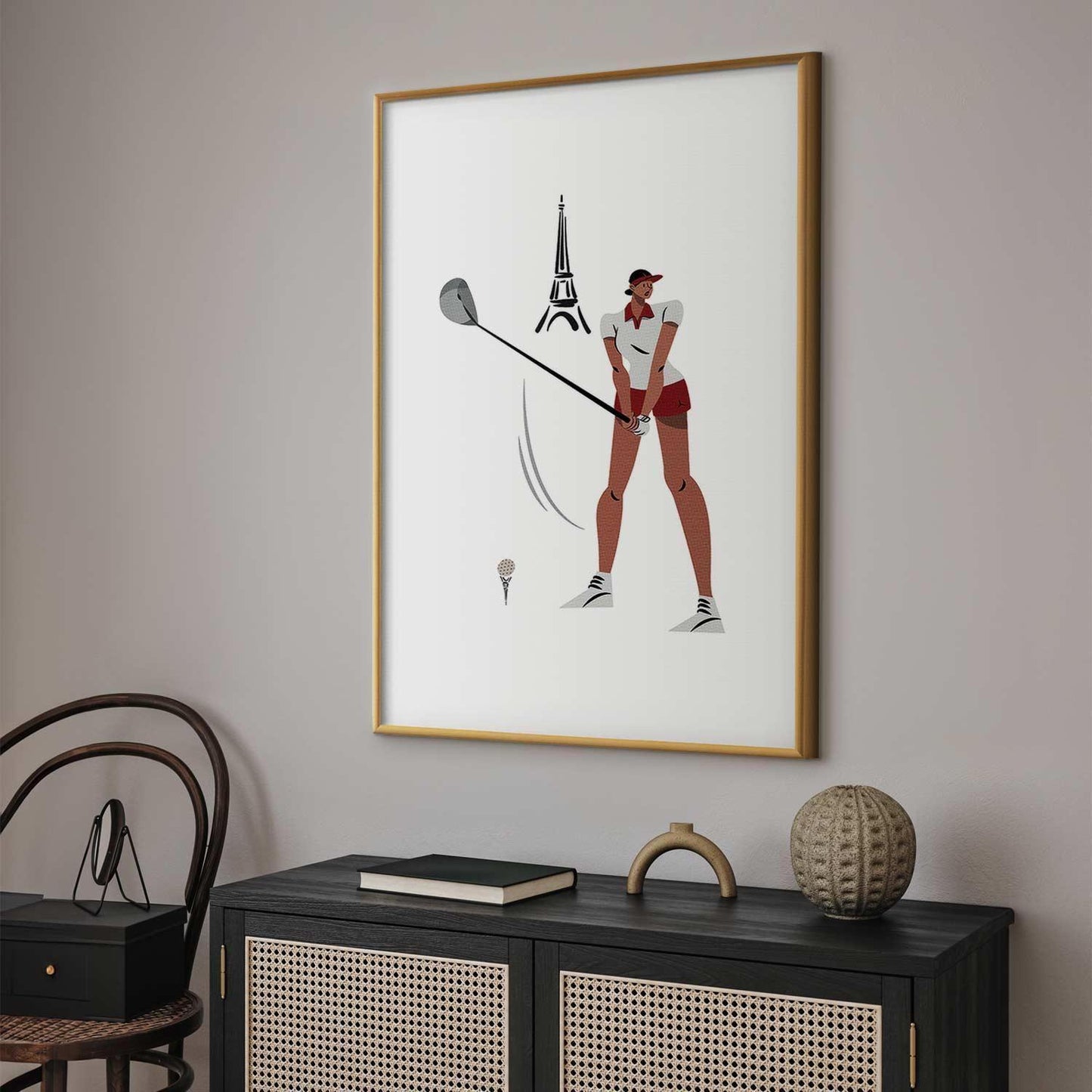 Poster - Illustration of a Female Golfer with the Eiffel Tower in the Background Artgeist
