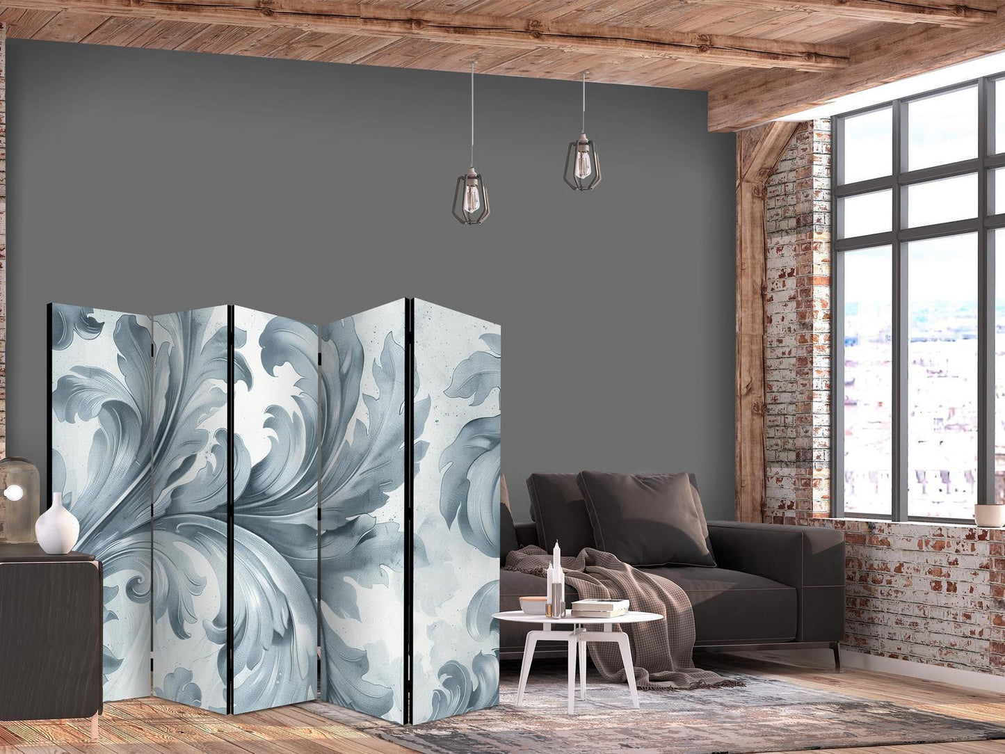 Paravent - Stone Baroque Ornaments in Light Shades of Gray and Blue Artgeist