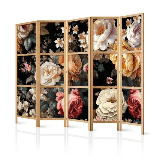 Japanischer Paravent - Floristry in Vintage Style - Huge Colorful Flowers on a Black Background Artgeist