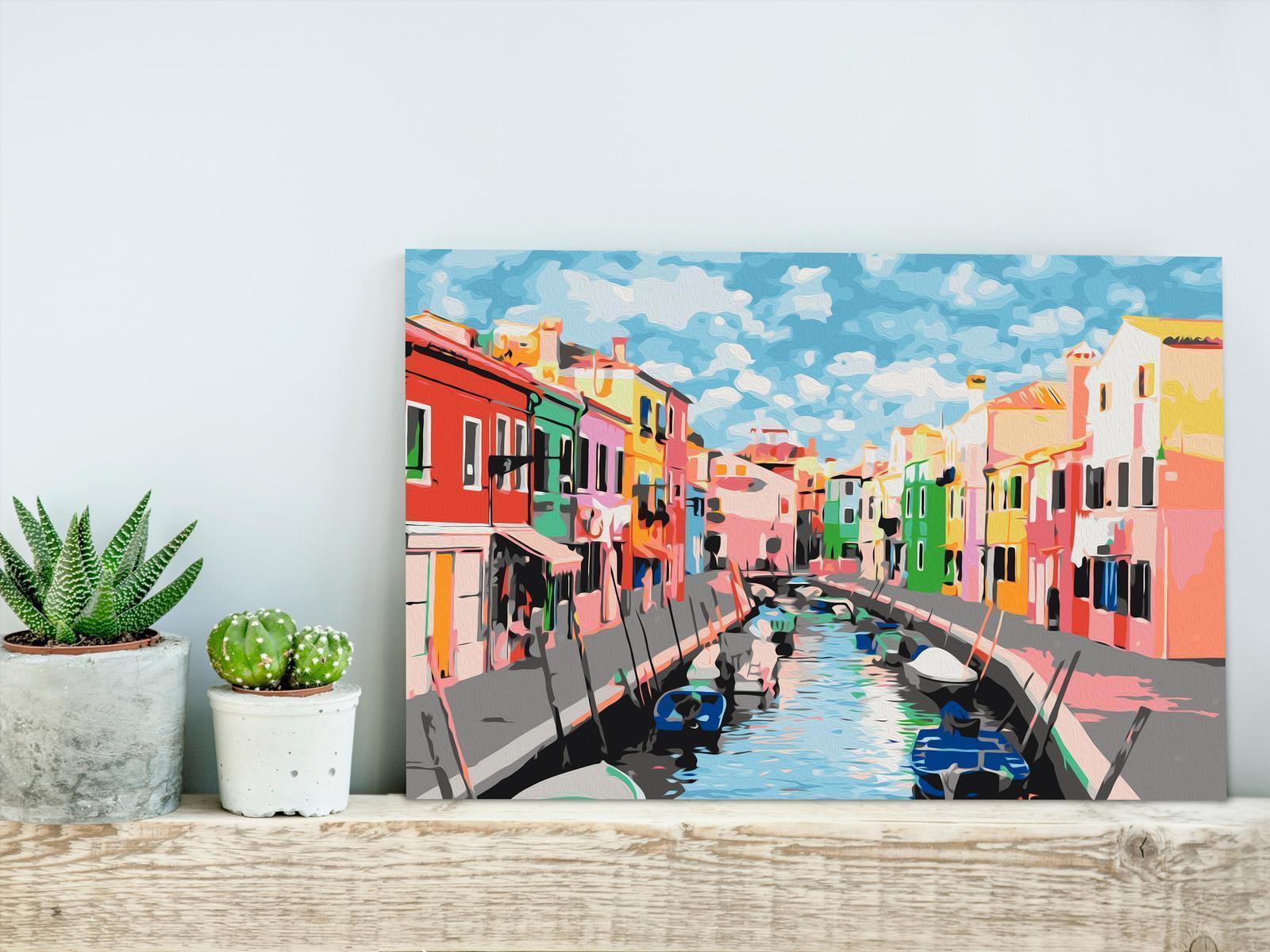Houses in Burano Wandbild zum Ausmalen - Farbenfrohe Häuser Venedig Motiv mit nummerierten Feldern für entspannende Kreativität