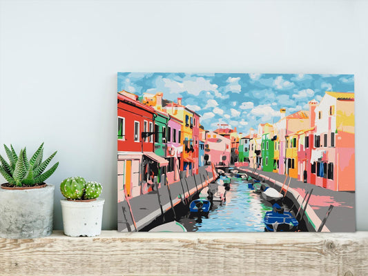 Houses in Burano Wandbild zum Ausmalen - Farbenfrohe Häuser Venedig Motiv mit nummerierten Feldern für entspannende Kreativität