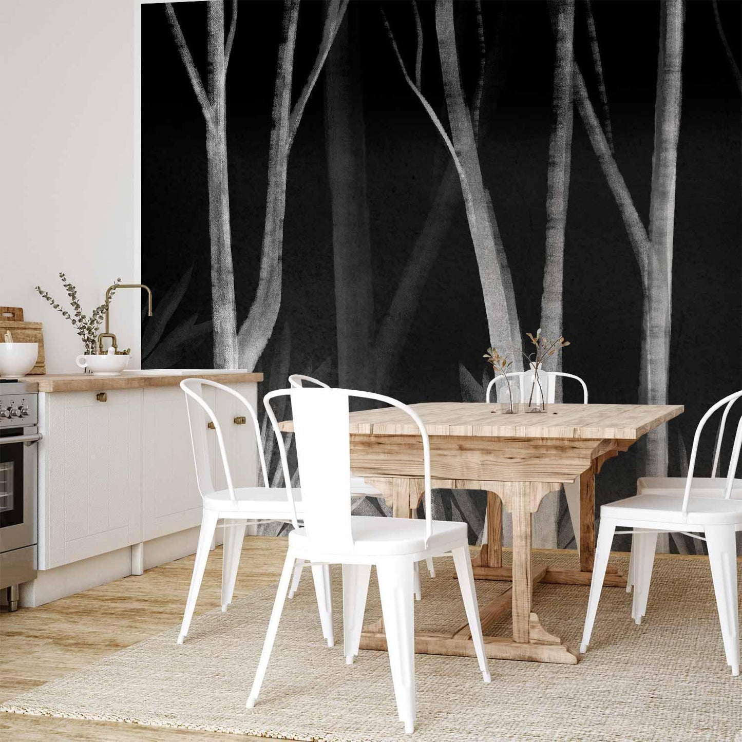 Fototapete - Noise of the forest at night - minimalist landscape of white trees on a black background