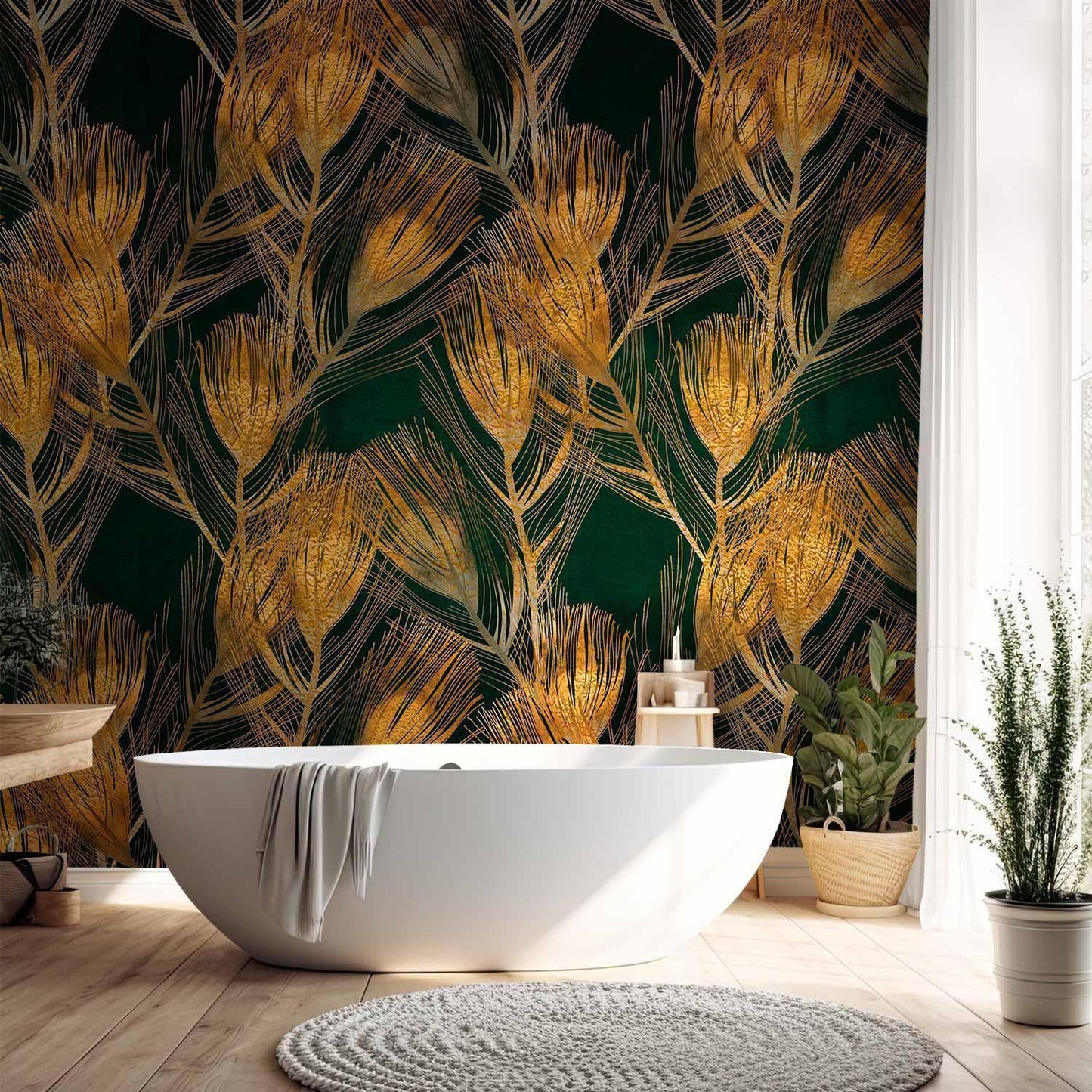 Fototapete - Golden peacock feathers - solid background with bird pattern on green background